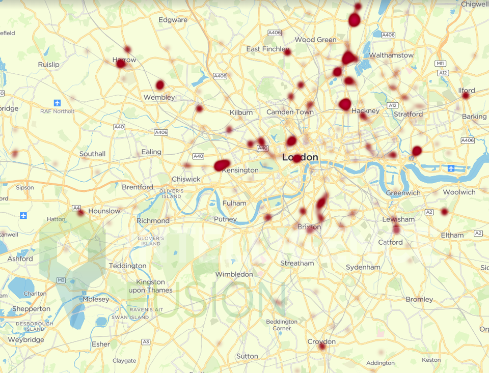 A heatmap showing the concentration of knife crime in London throughout 2019 so far. 